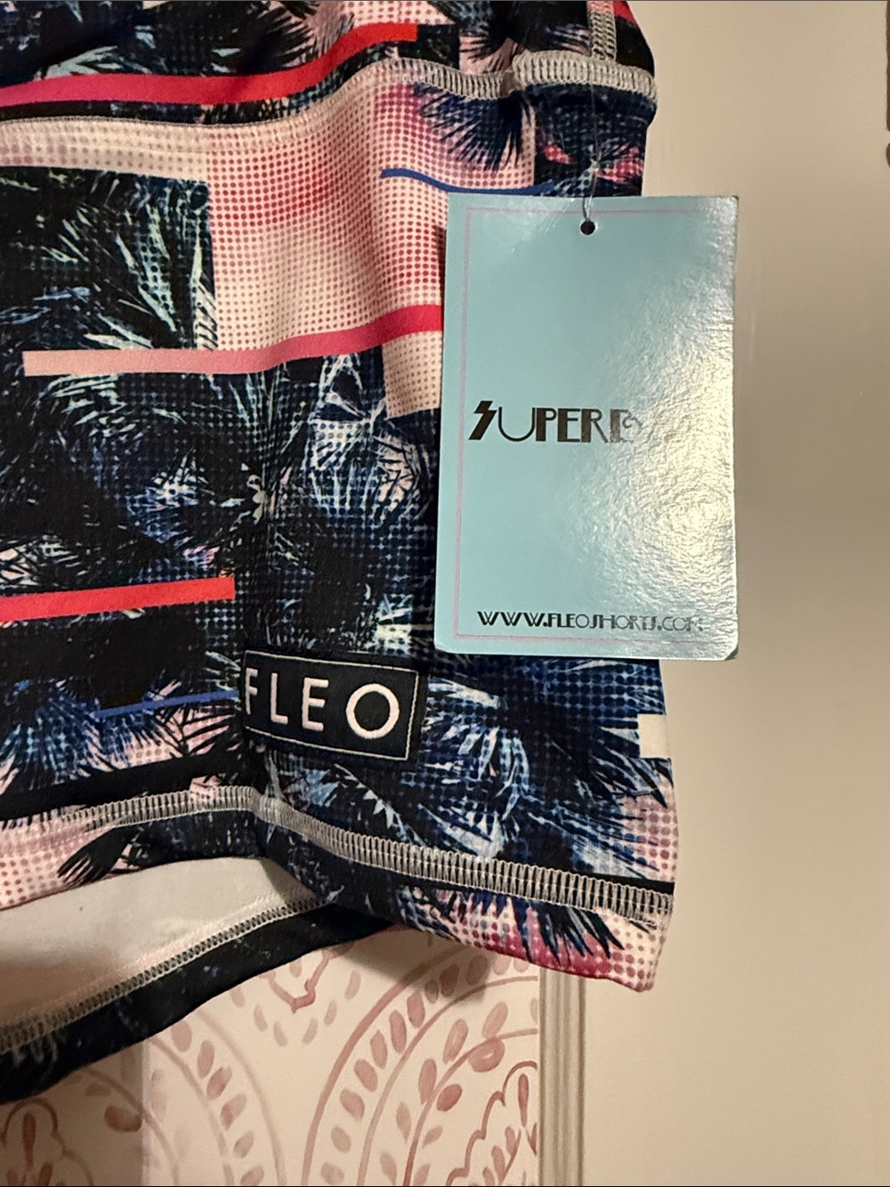 Fleo Women's Palm-Print Athletic Shorts in Pink, Navy & White - Picture 2 of 4
